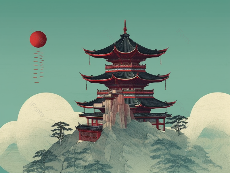 古城古代建筑黄色天空山顶树林松柏水墨写意古典主义绘画,插画/手绘图,插画/手绘图库,插画/手绘图下载,插画/手绘